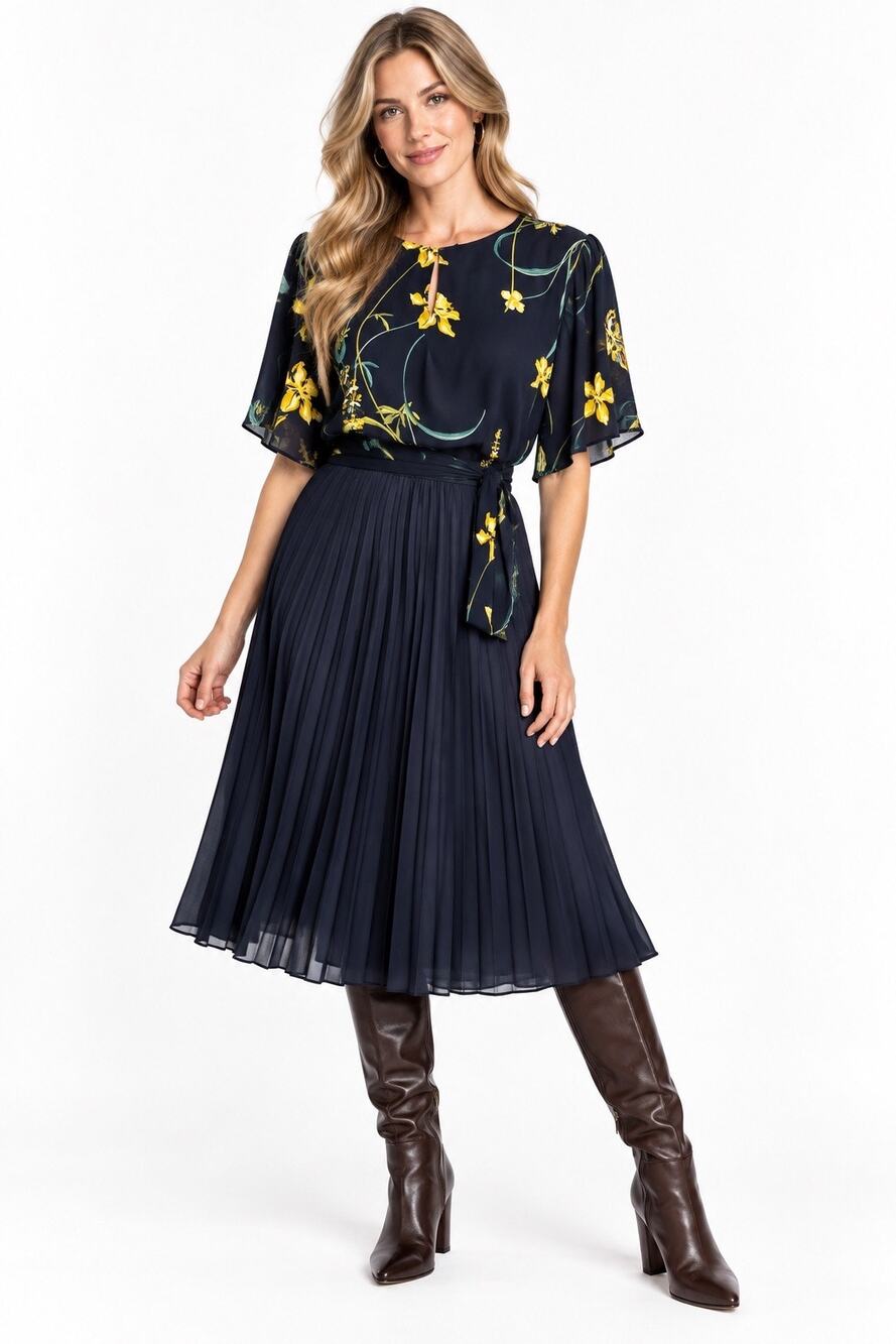 Ann Taylor Factory Petite Navy & Yellow Floral Print Adjustable Tie Front Blouse